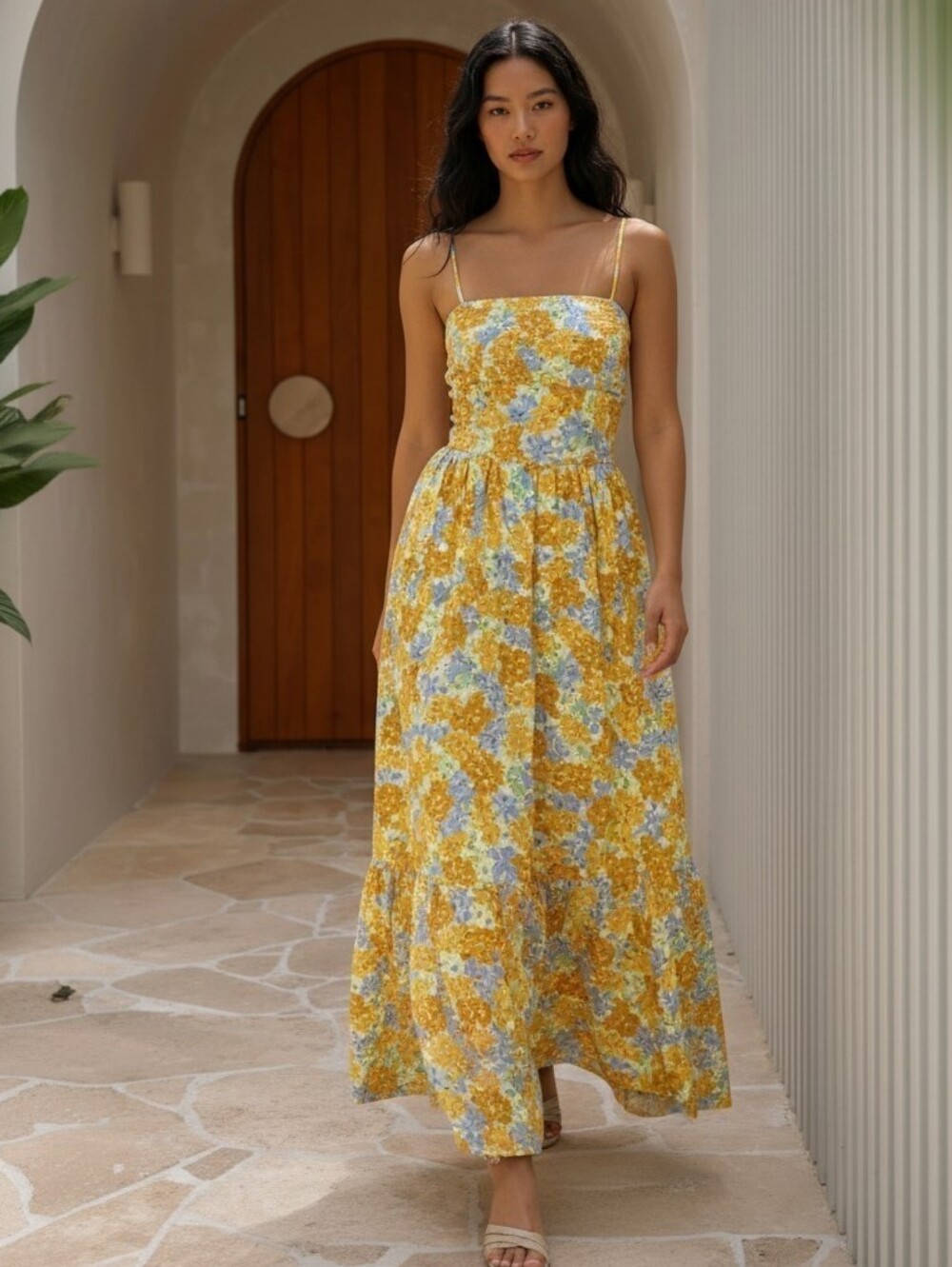 SABO Jaid Dress Tropical Bud Floral XS Yellow Blue Linen Midi Maxi Sundress Boho